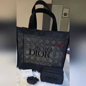 Dior Black Tote Cosmetic Bag Scrunchie Accessories Set